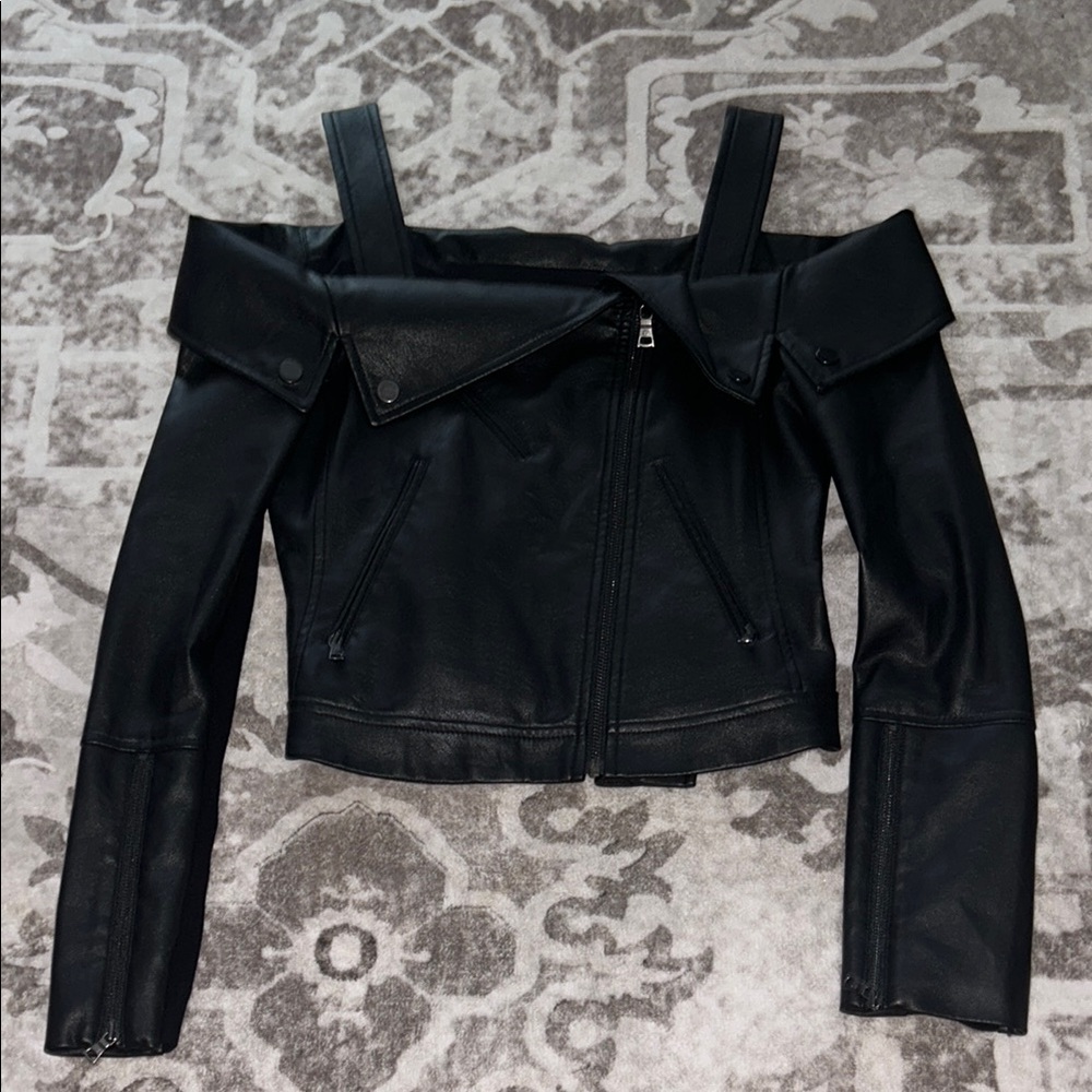 BCBG Max Azria Black Off-Shoulder Leather Jacket